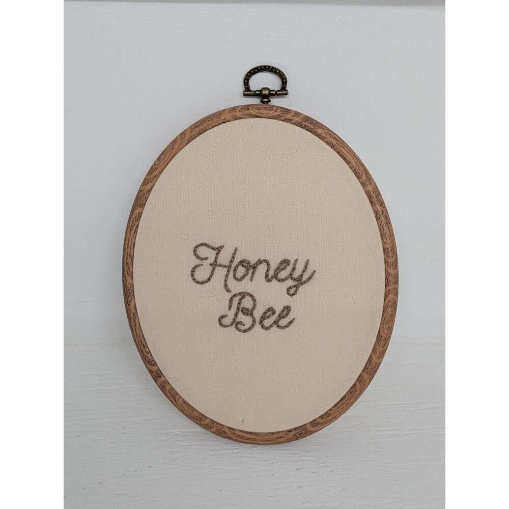 Honey Bee Hand Embroidered Neutral Tones Hoop Frame Cottage Nursery Romantic